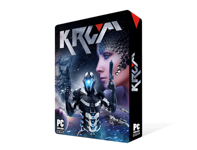 Box art of a PC game titled 'Krya' featuring a futuristic armored character with glowing blue eyes and intricate armor, set against a cosmic background with planets and spaceships.
